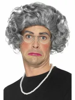 Granny Costume Kit Wig Necklace Glasses